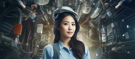 Asian woman engineer with work tools and text supporting women in engineering promoting a happy campaign for career awareness photo