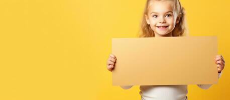 Blonde girl holding empty cork board on yellow background ready for text photo