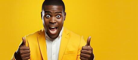 Handsome African man making breakthrough gesture on yellow background copy space photo