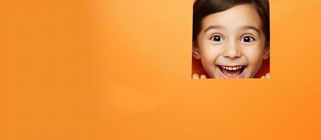 niño sonriente detrás un naranja papel con espacio para un anuncio foto