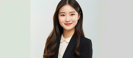 exitoso asiático mujer de negocios con tableta en blanco antecedentes foto