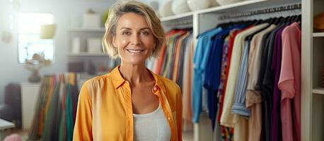 Joyful middle aged woman in casual clothes with shopping bags content with her recent buy in home setting blank area photo