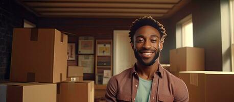 Attractive young man smiling in room with boxes enjoying moving day empty area photo