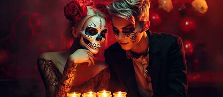 Costumes makeup and hairstyles are seen in a studio portrait of a young witch and a teenage boy holding a sign and skeleton for a Halloween celebration Th photo