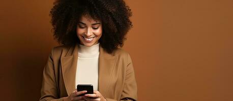 Happy Latin plus size woman on phone looking at empty space on brown background for text design African American business woman showing spot for your cont photo