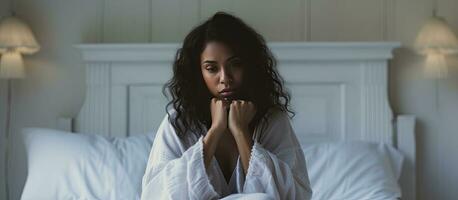 Emotional pregnant woman facing depression experiencing hormonal changes distressed and covering face in white bedroom photo