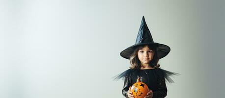 A lovely little sorceress dressed as a cute witch points to an empty space in a white studio photo