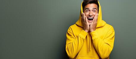 Astonished person with yellow hoodie holds palm with copy space hand on cheek photo