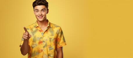 A Latin man in a printed shirt over a yellow background points and advertises suggesting the best price available photo