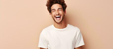 Fashionable man on beige background wearing white t shirt smiles with surprise looking at the camera copy space photo