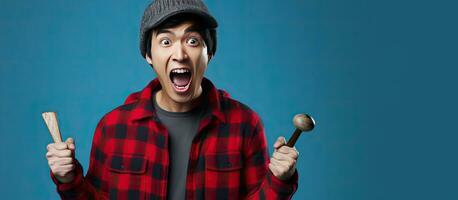 Energized Asian man with hat and flannel shirt points left at copy space on blue background photo