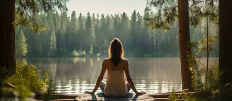 yoga mujer en naturaleza con namaste foto