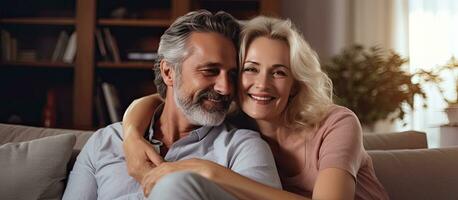 Middle aged couple on couch at home smiling and embracing enjoying weekend together in cozy living room photo