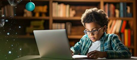 Black child doing online studying with tablet at home Concept technology education student e learning photo