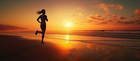 ajuste mujer trotar en el playa a amanecer foto