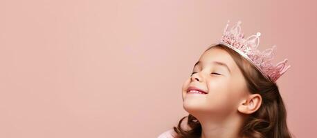 Happy young girl wearing toy crown posing over pink background looking aside with dreamy expression photo