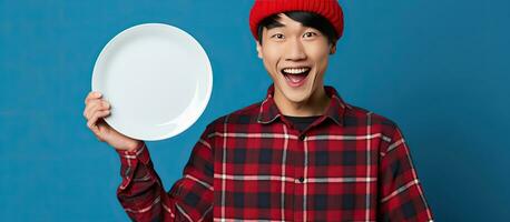 Asian man with beanie hat and plaid shirt pointing left with empty plate on blue background photo