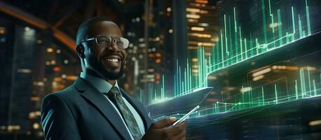 A black businessman using a tablet with a digital city wireframe and growing arrow lines in the background representing networking and technology photo
