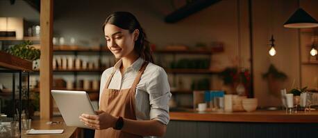 Female barista using online database to make accounting documentation in modern designed cafe photo