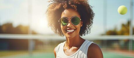 Smiling African American woman playing pickleball outdoors making eye contact with camera Ample room for text photo