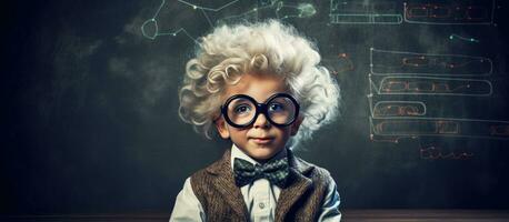 Small child wearing glasses mustache and wig resembling a young professor has an idea Blackboard background with room for text Academia Young Scientist photo