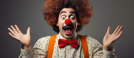 Portrait of a comical clown man in a colorful costume with a shocked expression posing in various ways on a isolated background photo