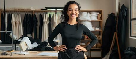 confidente Hispano joven mujer Moda diseñador señalando en taller habitación Perfecto para anuncios foto