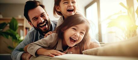 Cheerful parents having fun with kids banner for website header design photo