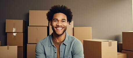 Attractive young man smiling in room with boxes enjoying moving day empty area photo