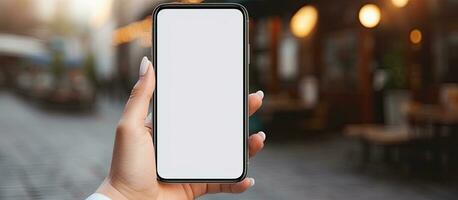 mujer s manos participación célula teléfono con blanco pantalla ilustrando inteligente teléfono tecnología concepto foto