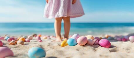 Happy Easter concept 4 year old girl wearing a pink skirt holding colorful eggs on a sandy beach Copy space photo