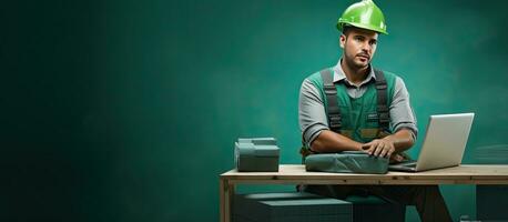 Composite image of a caucasian architect using a laptop in workwear with copy space on a green background emphasizing safety and wireless technology photo