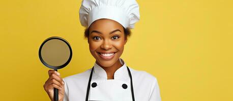 A cheerful female chef in a uniform of African American descent taking notes and writing a cookbook stands alone on a yellow background in a studio photo