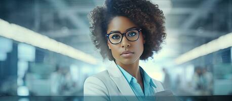 Afro female professional working on laptop with empty area photo