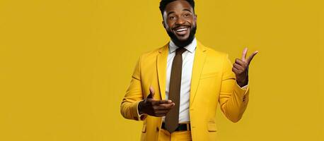 Young African businessman with a suit and beard holds his hand out in a concept isolated on a yellow background photo