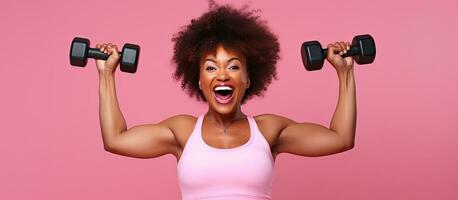Excited plus size woman in sportswear laughing and holding dumbbells on pink studio background space for copy Exercise for body care weight reduction photo