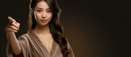 Young Asian woman in bathrobe pointing to empty copy space showcasing beauty photo