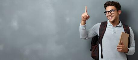 Happy student shows something on a blank background photo