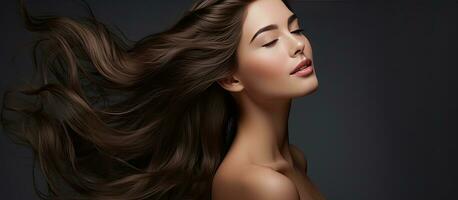 Gorgeously posed young woman with beautiful well maintained hair showcasing haircare concept photo