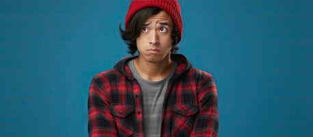 Thoughtful young man of Asian descent in a beanie and red flannel shirt contemplates while holding phone on blue background photo