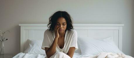 Emotional pregnant woman facing depression experiencing hormonal changes distressed and covering face in white bedroom photo