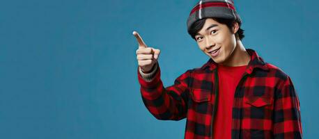 Asian man wearing a beanie and red flannel points to copy space with his mobile phone on a blue background photo