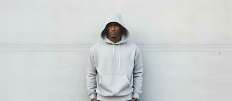 Midsection of african american man wearing grey hooded sweatshirt against white fence copy space Fashion casual clothing and leisurewear unaltered photo