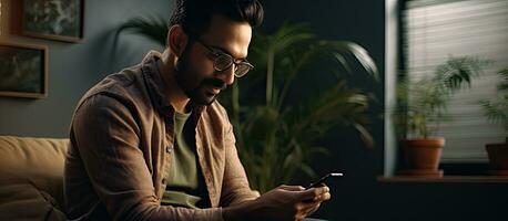 Smiling Indian man happily using smartphone at home office enjoying modern technologies photo