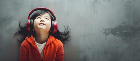 Asian girl wearing headphones listening to music and looking at blank area photo