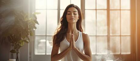 yoga niña medita a hogar en Mañana comenzando sano día foto