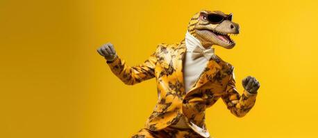 Leopard jacketed man in dinosaur mask dances comically isolated on yellow background photo