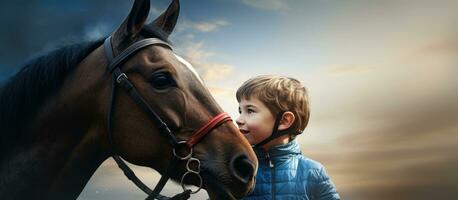 Composite image of a Caucasian boy interacting with a horse with a clear sky in the background Represents childhood animals sports and equestrian competit photo