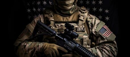 Composite of Caucasian soldier holding gun on black background Celebrating armed forces military honor and patriotism photo