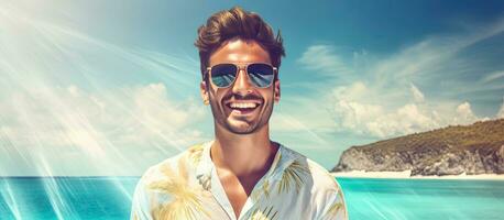 Smiling young man wearing sunglasses by the sea conveying message of vacations awareness and protection photo